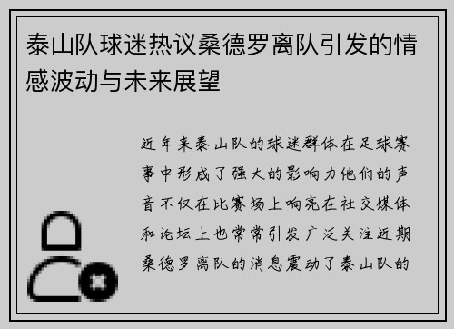 泰山队球迷热议桑德罗离队引发的情感波动与未来展望
