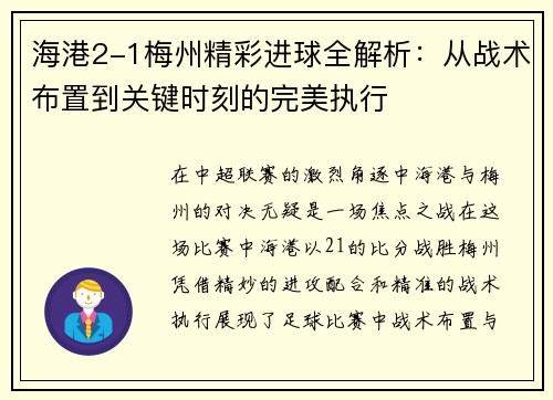海港2-1梅州精彩进球全解析：从战术布置到关键时刻的完美执行